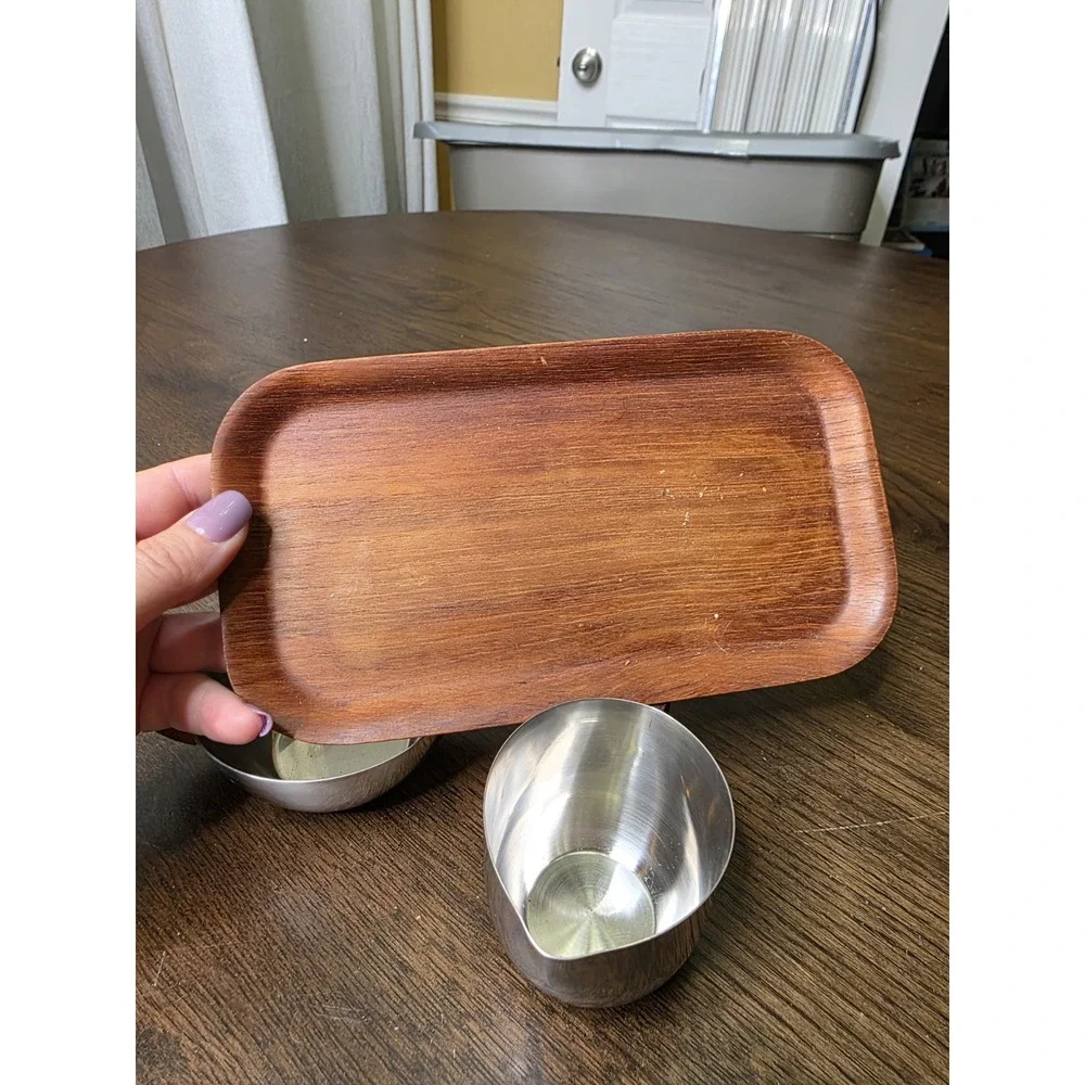 Vintage Brostrom Teakwood Tray Denmark‎ Cream And Sugar Set Stainless Steel E2